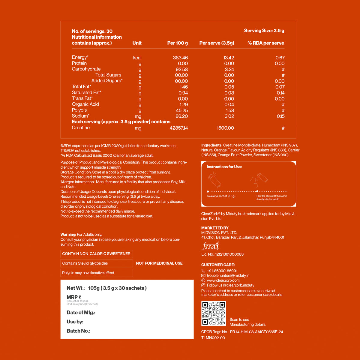 supplement facts of clearzorb creatine monohydrate powder